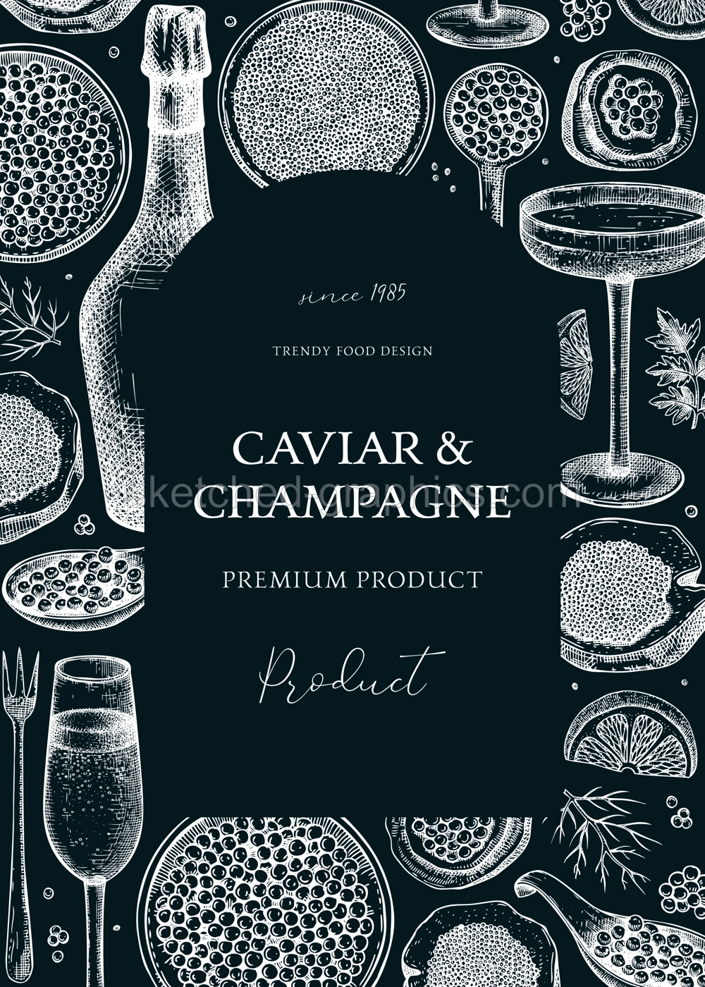 Caviar and champagne artistic frame design. Hand drawn menu  template with red caviar canape, canned black caviar, sparkling wine bottle, glasses sketches. Seafood background on chalkboard Illustration